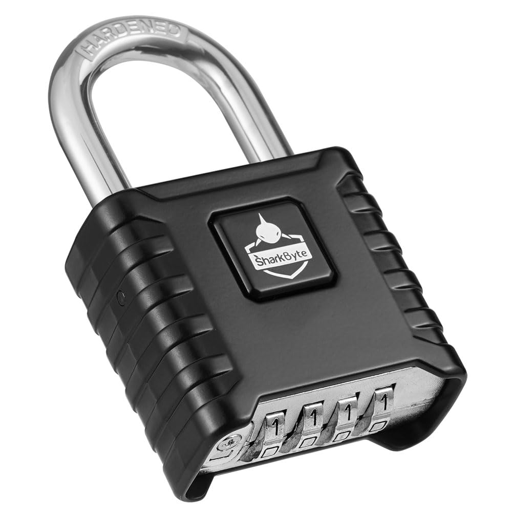 SharkByte Heavy Duty Combination Padlock [Weatherproof] 52mm 4-Digit Outdoor Lock with 8mm Stainless Steel Shackle, Anti-Rust & Resettable Code Padlock for Gate, Shed, Garage, Gym, Warehouse - Black