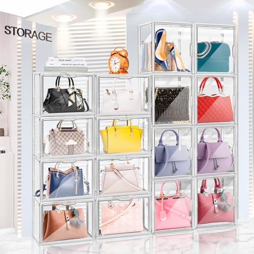DILIBRA 4 Packs Clear Plastic Handbag Storage Organizer for Closet, Small Acrylic Display Box for Handbag, Stackable Storage Boxes Bag Organizer with Magnetic Door for Purse Clutch Wallet Book4
