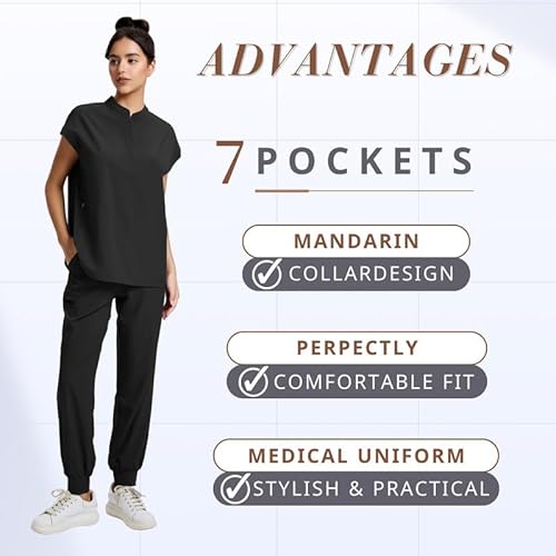 Leaddol Scrubs for Women Sets Cool Stretch Scrub Tops and Jogging Scrub Pants Nurse Uniform Jogger Suit with 7 Pockets - Image 3
