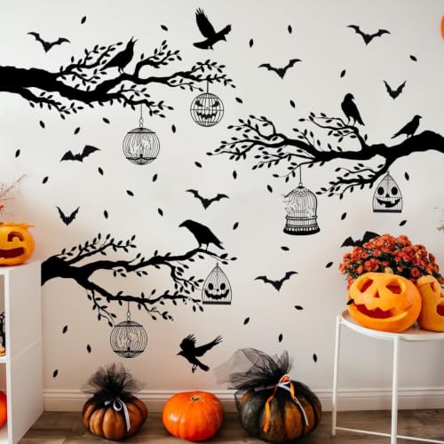 Halloween Wall Decals Black Tree Branches Bat Wall Stickers Large Removable Halloween Wall Clings Decor DIY Art for Home Wall Window Door
