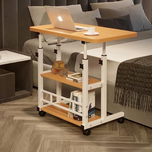 VebaCidi Medical Overbed Bedside Table with Two Shelves and Wheels (Hospital and Home Use) 31 1/2 Desk with Non Tilt Wooden Top Adjustable Height (Walnut)