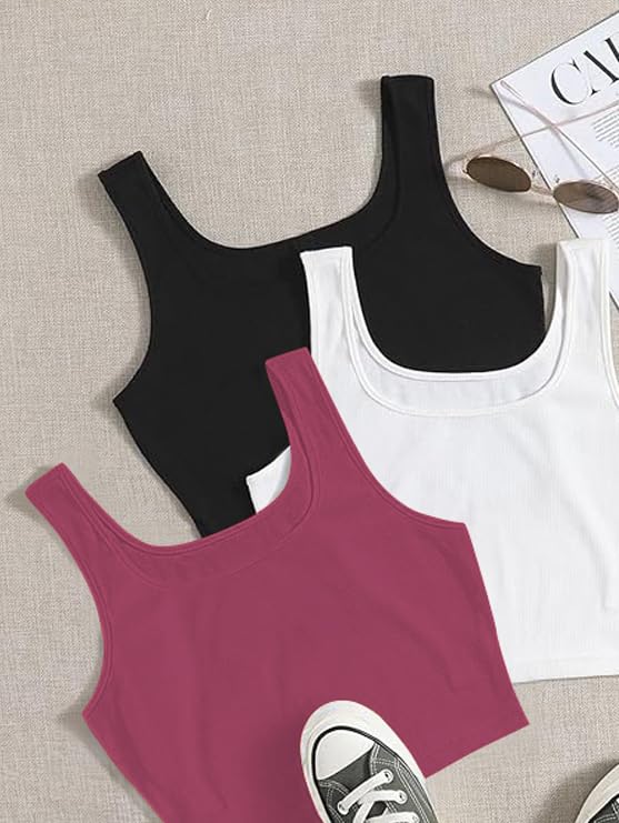Image of Toochki Women's Knitted Sleeveless Solid Sqaure Neck Ribbed Tank & Crop Tops (Pack of 3)