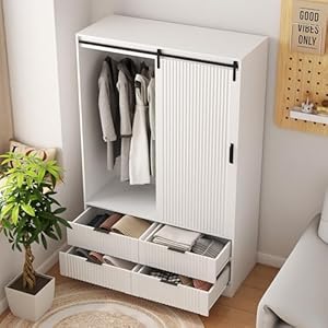 Armoire wardrobe closet with drawers wooden closet organizers and storage with doors and open shelves for bedroom white  urban country home decor
