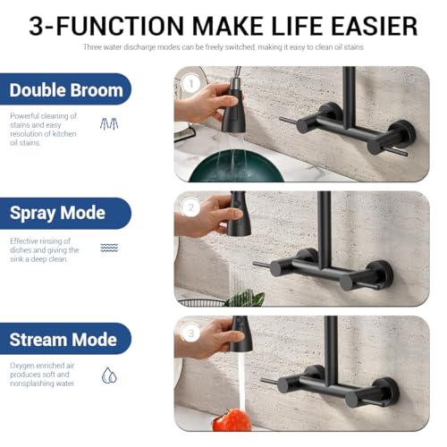 Image of Wall Mount Kitchen Faucet with Pull Down Sprayer 3 Functions, 304 Stainless Steel Wall Mount Faucet 8 Inch Center, 2 Handle Kitchen Sink Faucet High Arc 360 Swivel, Matte Black