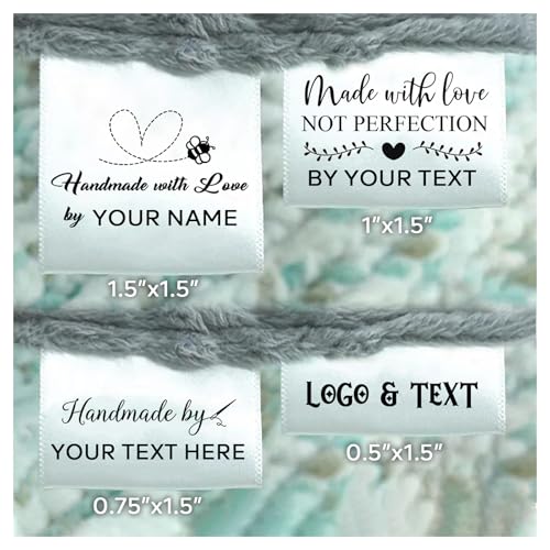 50 Custom Fabric Clothing Label Sewing Labels Personalized Satin Labels for Knitting Quilting and Handmade Crafts Made with Love Sew in Tags Custom Name/Logo Fold Tag Washable (White)