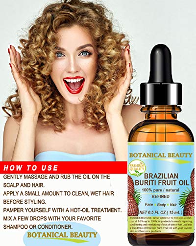Buriti Fruit Oil Brazilian. 100% Pure / Natural / Refined Undiluted Cold Pressed Carrier Oil . For Face, Body, Hair, Lip And Nail Care. 0.5 Fl Oz- 15 Ml. "One The Richest Natural Source Of Vitamin A, E And C" From Amazon Rainforest. By Botanical Beauty #TOP5