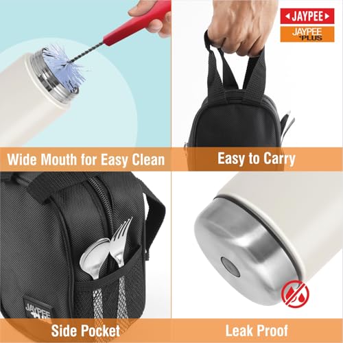 Image of Jaypee Plus Nutri Jar Stainless Steel Vacuum Insulated Food Jar With Bag & Spoon|Hot And Cold Thermal Flask|Double Walled Scratch Resistant Ideal for Office, School, Gym & Travelling | 550 ml, Ivory