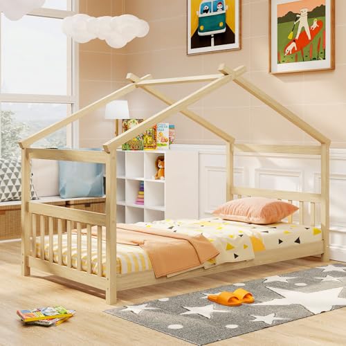 Giantex House Bed Twin, Solid Wood Kids House Bed with Roof, Headboard and Footboard, Low Floor Twin Bed Frame...