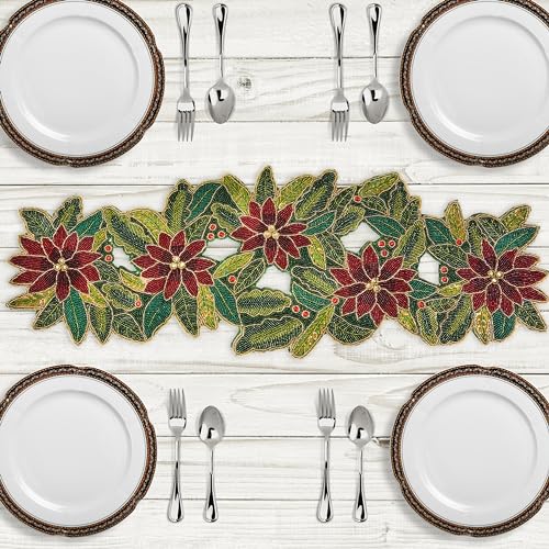 Lightnpro Poinsettia Beaded Table Runner - Festive 13" × 36"