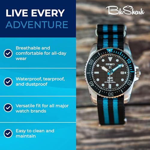 Image of BluShark - Original Collection Military-Style Waterproof Watch Strap, Fits All Timepiece Brands, Durable Nylon Wristwatch Accessories with Stainless Steel Buckle - 18mm, 20mm, 22mm & 24mm Watch Bands