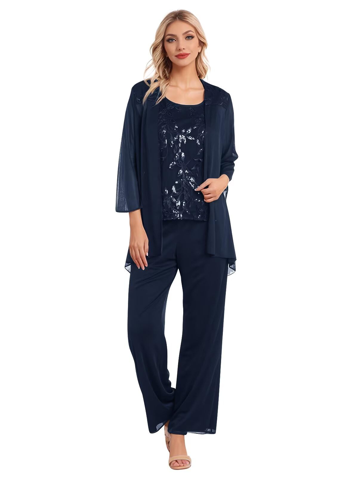 3 Pieces Sparkly Sequin Mother of The Bride Pant Suits Womens Chiffon Formal Pantsuit for Wedding