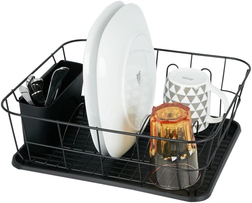 ZENODish Drying Rack | Dish Drainer | Kitchen Sink Countertop Drying Board with Removal Drip Tray | Removable Cutlery Utensil Drainer | Plate Rack | Glass Holder | Anti Rust Compact Design | Black