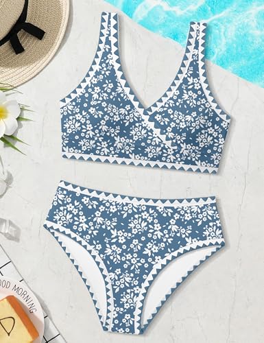 Image of KANGKANG Girls Swimsuit Bikini Set Solid Color V-Neck Two Piece Bathing Suit with Chest Pad Adjustable Straps Swimwear 7-16T