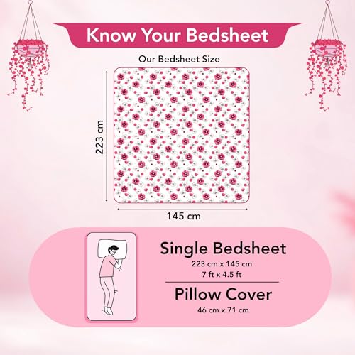 Image of Divine Casa 100% Cotton 144 TC Single Bedsheet with 1 Pillow Cover | Soft Skin Friendly Breathable Bedding Set | Printed Bed Sheet for Bedroom | 145 x 223 cm (Pink Blossom, Floral)
