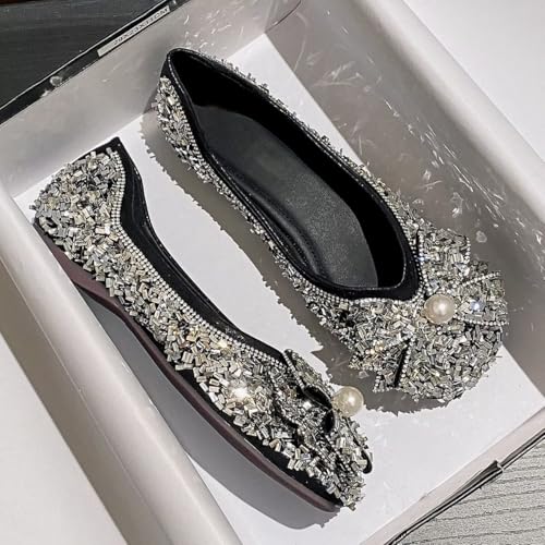 Hee grand Sparkly Rhinestone Wedding Dress Shoes for Women Square Toe Bowknot Ballet Flat Shoes Low Heel Dress Shoes3