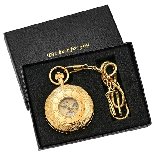 Image of Men's Mechanical Pocket Watch with Chain, Vintage Full Copper Hand-Wind Second&24hours Sub-dials Pocket Watches for Men with Box