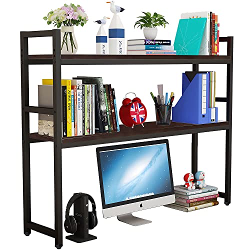 Ithwiu Vintage Metal And Wooden 2-Tier 35.5 Inch Length Desktop Bookshelf, Computer Desk Bookshelf, Office Supplies Desk Organizer Display Rack, Dark Brown #TOP15