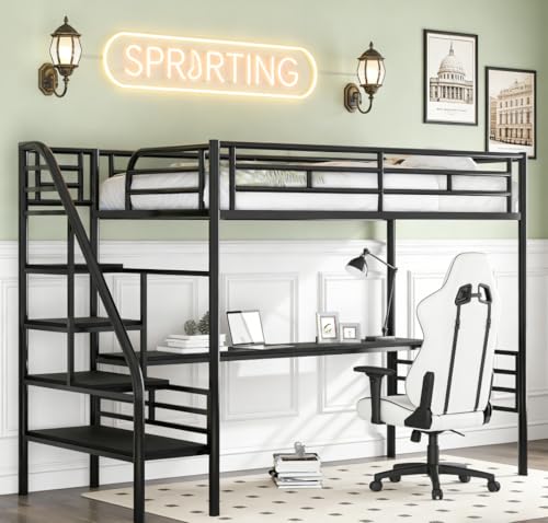 Image of Bellemave Twin Size Loft Bed with Desk and Storage Stairs, Metal tiwn Loft Bed for Kids, Teens, Black