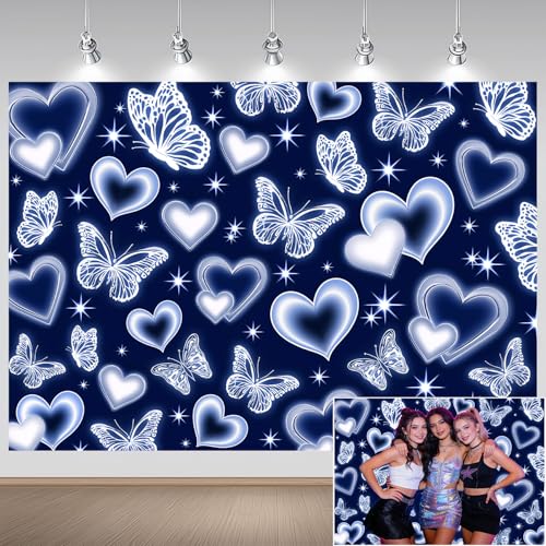 Fondo fotográfico azul 7x5 pies con diseño de corazones y mariposas miniatura 2