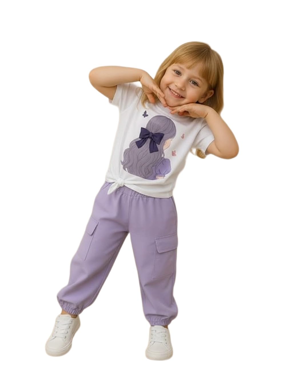 J K FASHION* Girls Cartoon Print T-Shirt with Cargo Jogger Pants Set Cute & Comfy 2-Piece Clothing Set Perfect for your Baby Girl