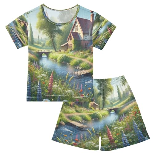 Cottage Stream Flowers Cute Pajama Set Short Sleeve PJS 2 Piece Summer Pajamas Shorts Sets Cotton 5Y