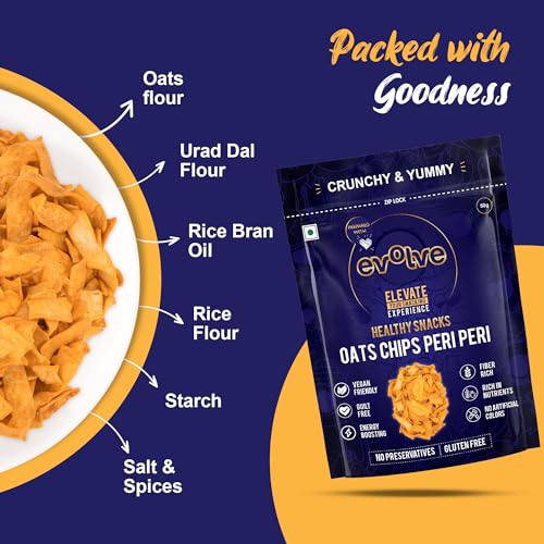 Image of Evolve Oats Chips Healthy Snacks for Kids, Adults | Gluten Free, Vacuum Fried, High in Protein, Low Calorie, Peri Peri Flavor - 100g Pack of 3