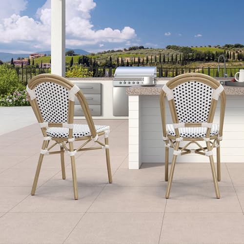 Image of PURPLE LEAF Outdoor Dining Chair Set of 2 Patio French Aluminium Frame in Champagne Finish with Sky Blue & White Woven Rattan for Indoor Kitchen Deck Bistros Cafe Restaurant