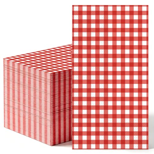 50 Pack 2-Ply Disposable Paper Napkins Red Gingham Checkered Decorative Dinner Napkins for Wedding Party BBQ Picnic & Everyday Use
