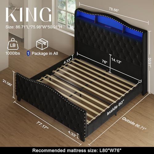 Image of Belffin King Size Bed Frame and Headboard, 50.9 inch Velvet Upholstered Wingback Bedframe with LED Lights & Storage /Charging Station, Button Tufted Tall Footboard, No Box Spring Needed, Noise-Free, Black