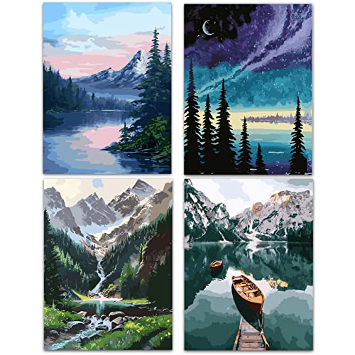 Hongyrjy Paint by Numbers 4 Pack Landscape Paint by Numbers Kits for Adults Beginner Home Wall Decor16x12inch