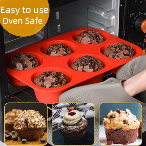 Image of PureBake Muffin Mould for Baking, Silicone Tray for Large Cupcakes & Muffins, 6 Cavity Round, Food Grade, Flexible, Oven & Freezer Safe, Pack of 1, Random Color