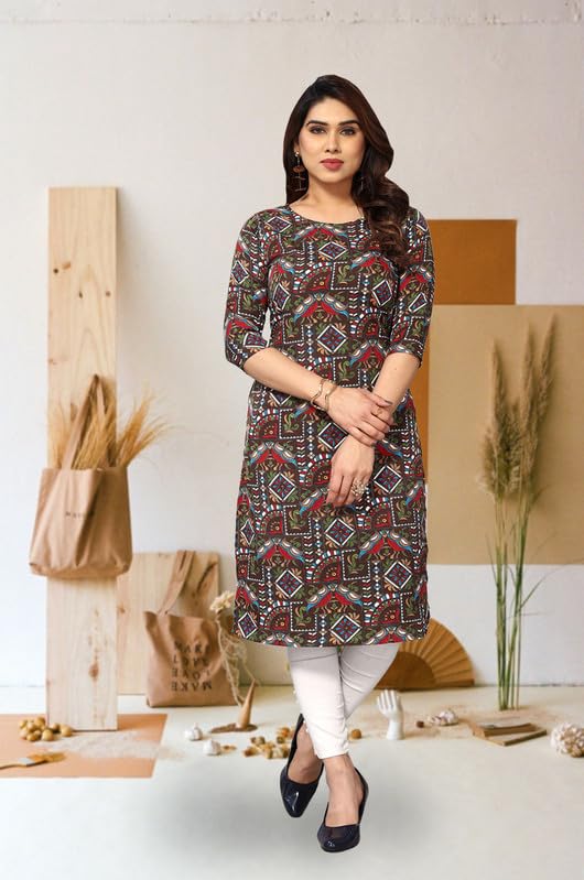Image of JAKHANA Women's Crepe Printed Casual Straight Calf Length Round Nick Kurta Pack of 4