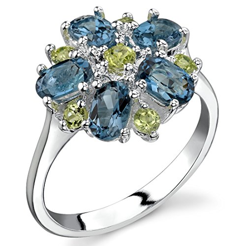 PEORA London Blue Topaz and Peridot Flower Ring for Women 925 Sterling Silver, Natural Gemstones, 3.25 Carats total, Size 5, Women Statement Ring, August Birthstone Rings for Women