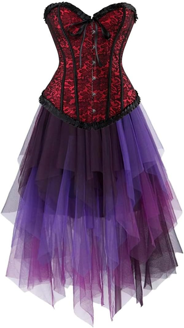 Jutrisujo Corset Dress Multi Layer Skirt Tulle Set Top Princess Overbust Bustier Women's Lace up Boned Renaissance Plus Size