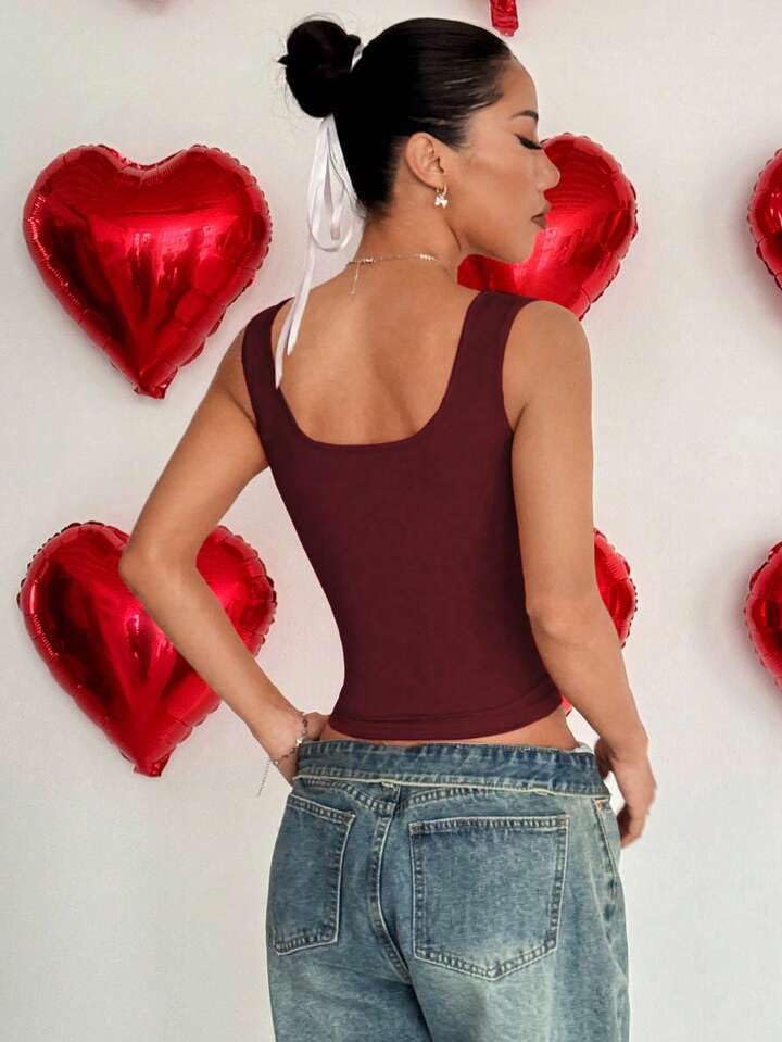 Image of Women Sleeveless Square Neck Tank Top | Lace Trim Slim Fit Stretch Cami Top | Casual Summer Basic Fitted Tank Top for Women | Dress for Girls