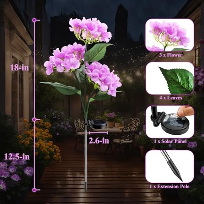 Garden Lights Solar Flower Light, LED Solar Powered Outdoor Light Decor for Path Yard Walkway Patio Balcony Lawn, Hydrangea Artificial Flower (Purple, 2)
