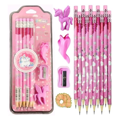 Image of Crackles Shiny Glittery Unicorn Theme Wood Thick Strong 10 Pc Pencils with Erasers on top, Sharpener, Eraser and a Pencil Grip Gift Set For Kids, boys and Girls (Assorted Print, pack of 12)