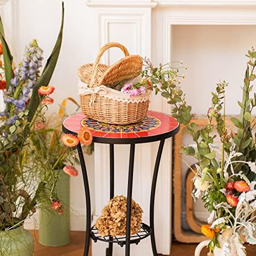 VONLUCE Mosaic Side Table and Plant Stand, Small Table with 36cm Ceramic Tile Top for Patio Garden Furniture, Indoor Outdoor Mosaic Accent Table with Shelf, Living Room End Table or Bedside Table, Red