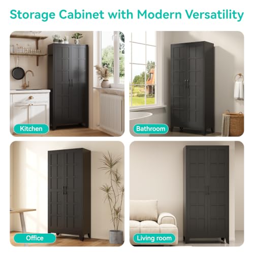 Image of Metal Storage Cabinet with Doors and Adjustable Shelves | 71 inch Tall Pantry Cabinet for Kitchen Dining Room Bathroom Garage,Black,1 Pce