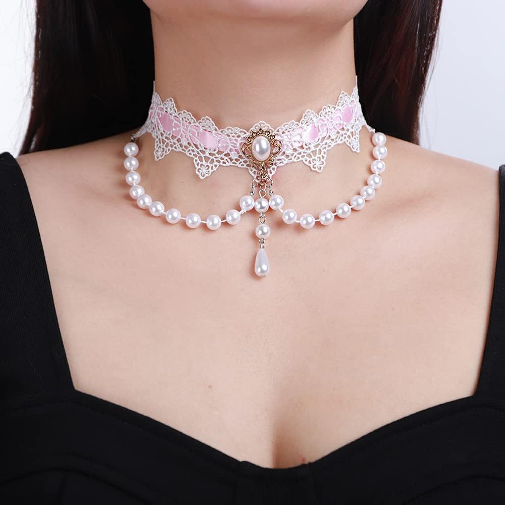 Xerling Elegant White Lace Choker Necklace Vintage Pearl Necklaces Gothic Victorian Lolita Costume Necklaces for Women Flower Lace Choker for Bridal Wedding