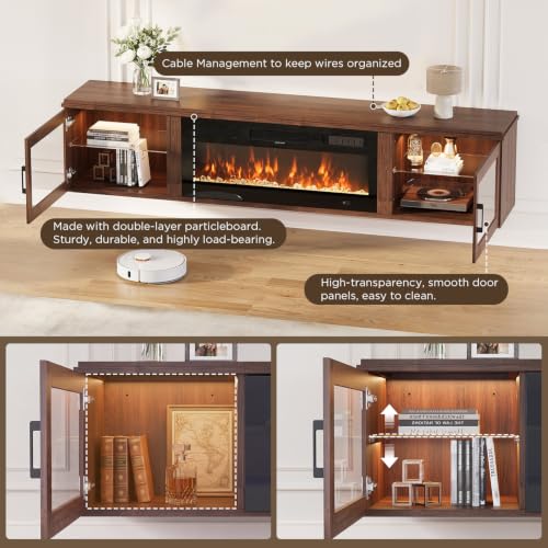 Image of 80 inch Floating TV Stand with Fireplace, High Gloss Finish Wall Mounted Fireplace Entertainment Center with Storage for TVs Up to 90 inch, Brown