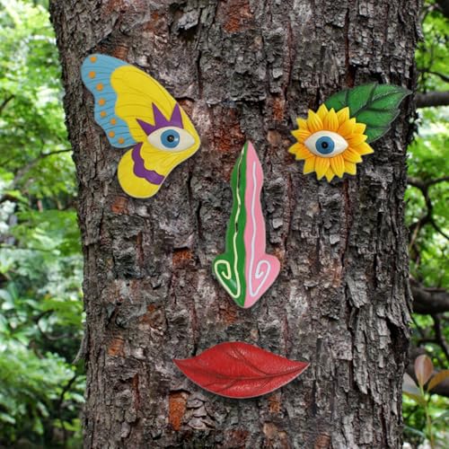 Décor de visages d'arbre en résine imperméable et art coloré de jardin facile à installer