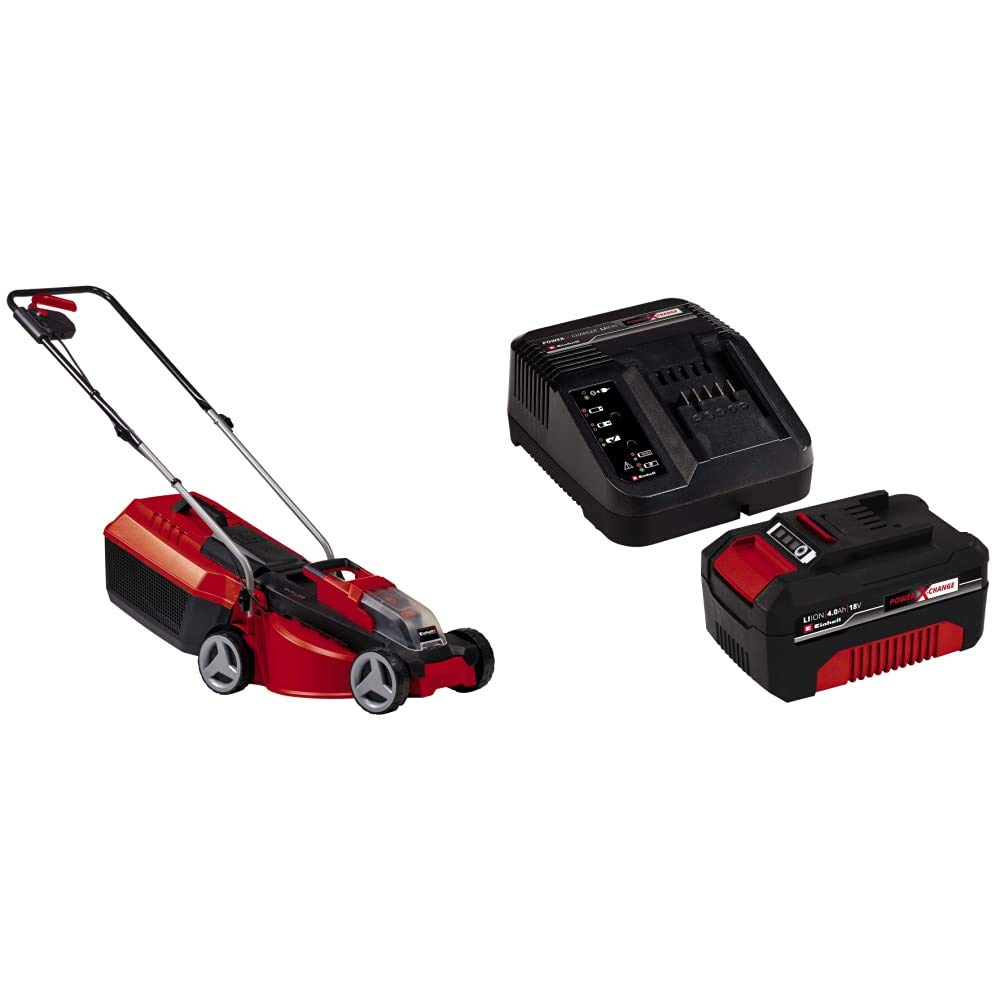 Einhell GE-CM 18/30 LI – Solo 34.131.57 Tagliaerba a spingere elettrico senza fili taglio 30 cm + Power-X-Change Starter Kit, Caricabatteria e Batteria da 4000 mAh Li-Ion, Nero, Rosso
