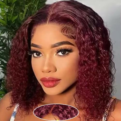 Image of Srakuw Wear and Go Glueless Wigs Human Hair Pre Plucked Pre Cut 99j Burgundy Lace Front Wigs for Black Women 180 Density Water Wave Bob Wig Colored Human Hair Curly Wig (99j Burgundy Color, 14 Inch)