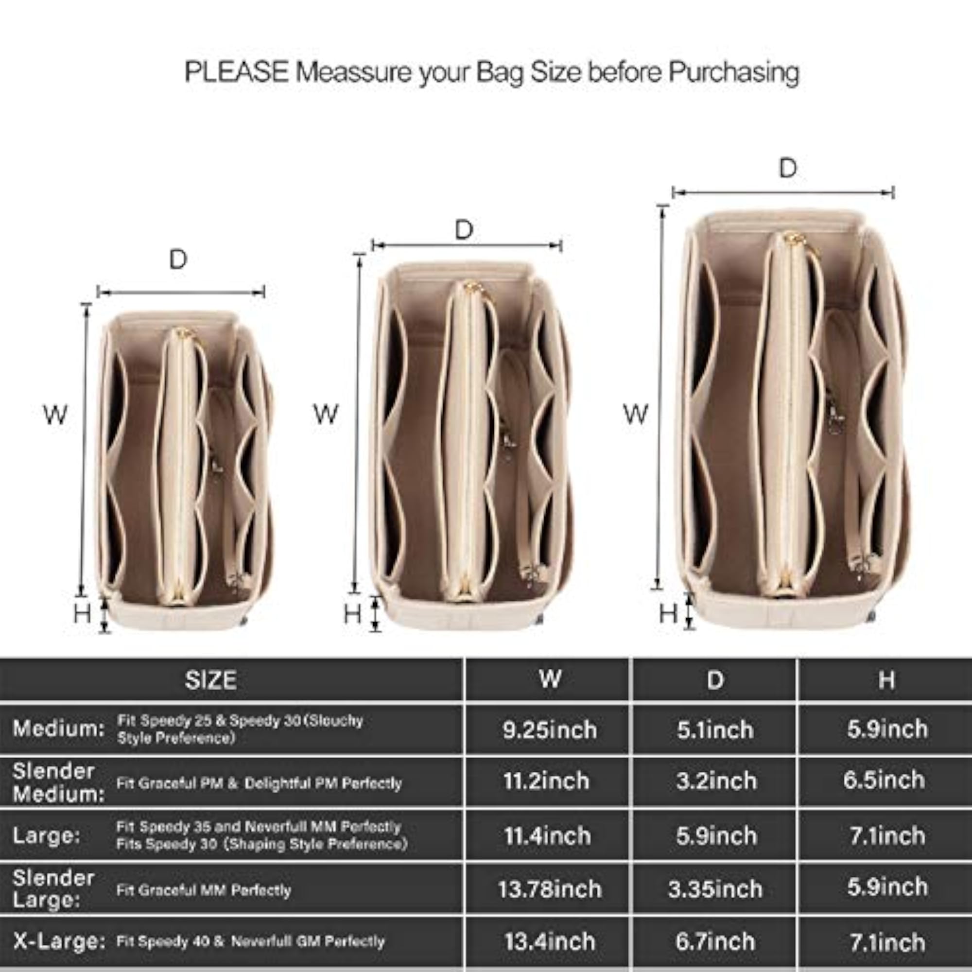 Purse Organizer Insert, Bag Organizer for Speedy Neverfull, Beige