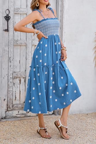 Image of R.Vivimos Womens Summer Cotton Boho Midi Dress 2026 Spaghetti Strap Floral Embroidered Smocked Tiered Flowy Long Dresses