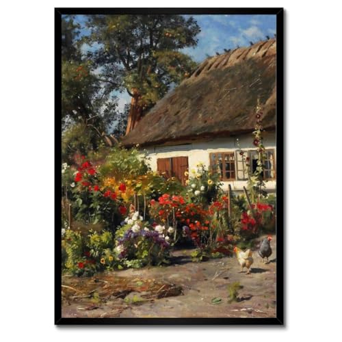 Poster dans un cadre blanc 50x70 cm avec maison de campagne fleurie decoration murale
