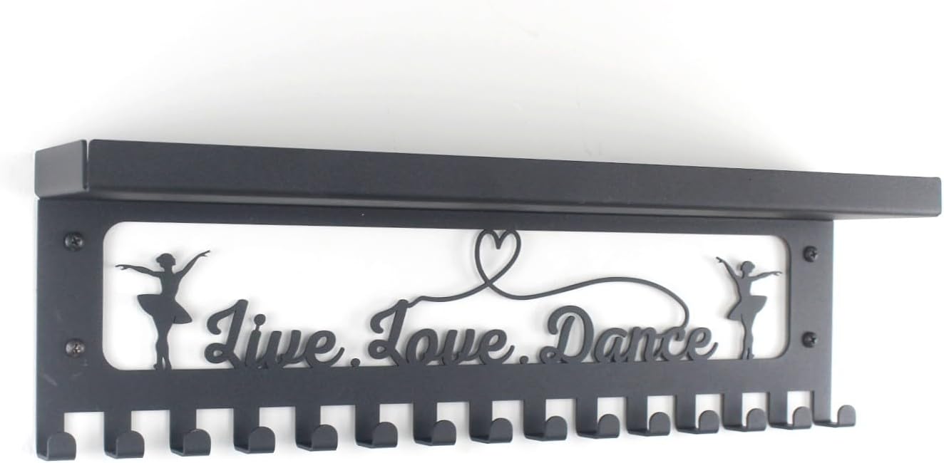 16" Premium Metal Wall Mount Dance Design Medal Hanger and Ribbon Display Holder Rack with 3" Trophy Shelf and Easy Hanging Hooks, Great Gift for Kids & Adults (Black)