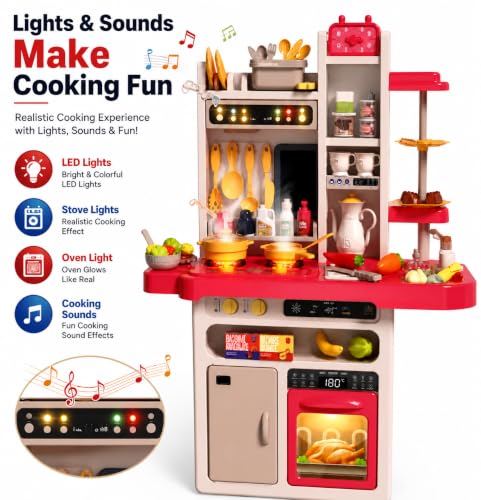 Image of Kids Kitchen Play Set, 81 Pcs Pretend Cooking Set with Water Sink, Lights & Sounds