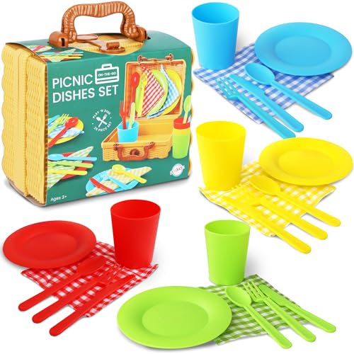 Playkidiz Kids Picnic Basket Toy Dishes 25 Piece Plastic Tea Party Set - Colored Pretend Play Dishes Playset Toddlers Kitchen Toys for Boys and Girls Ages 3+
